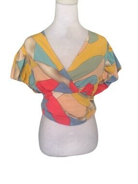 NWT Entro Medium V Neck Abstract Multi-Color Surplice Short Sleeve Cropped Top